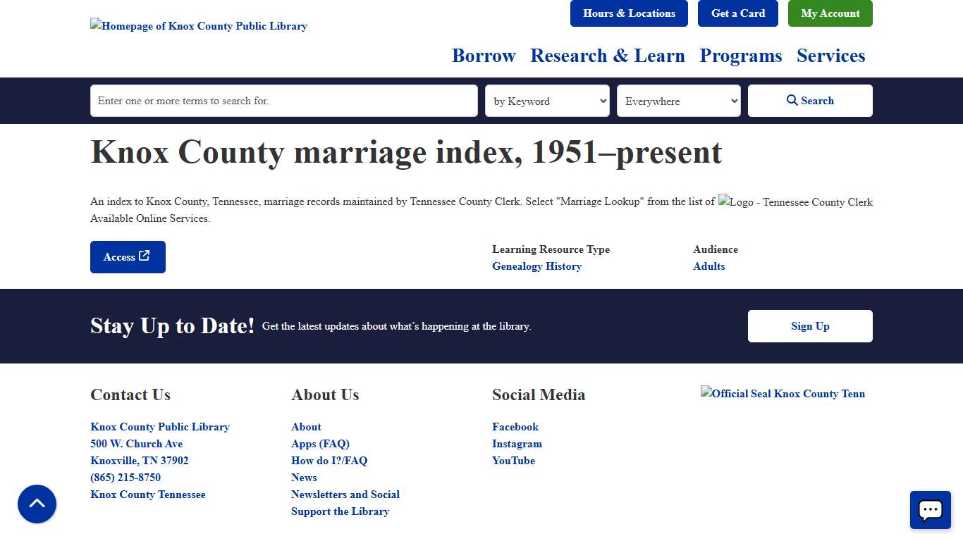 Knox County marriage index, 1951–present Knox County Public Library